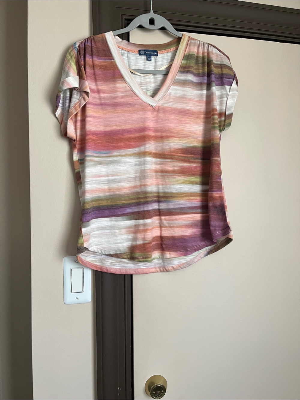 Democracy V-Neck Short Sleeve Striped Top - Pink, Purple, Cream, Green